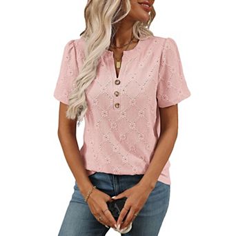 Women's Henley V Neck Lace Blouse Short Sleeve Eyelet Embroidery Summer Hollow Out Casual Top