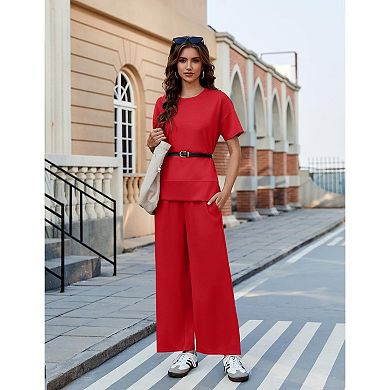 PINSPARK Women's 2 Piece Soft Breathable Lounge Set Short Sleeve Wide Leg Pants Vacation Outfit