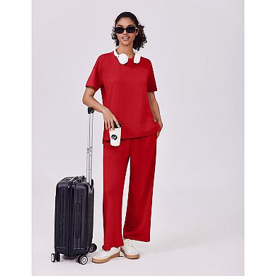 PINSPARK Women's 2 Piece Soft Breathable Lounge Set Short Sleeve Wide Leg Pants Vacation Outfit