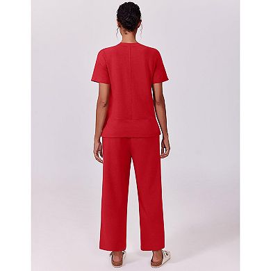PINSPARK Women's 2 Piece Soft Breathable Lounge Set Short Sleeve Wide Leg Pants Vacation Outfit