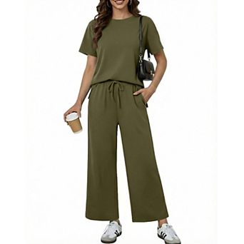 PINSPARK Women's 2 pc Soft Breathable Lounge Set Short Sleeve Wide Leg Pants Vacation Outfit