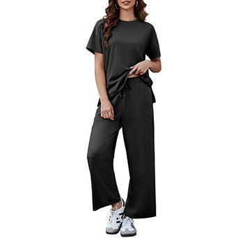PINSPARK Women's 2 pc Soft Breathable Lounge Set Short Sleeve Wide Leg Pants Vacation Outfit