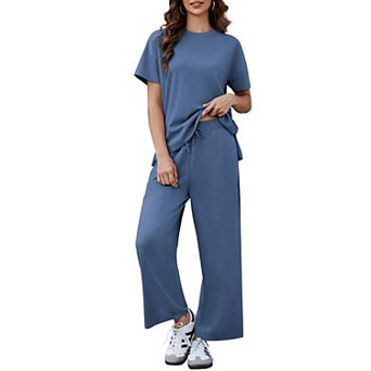 PINSPARK Women's 2 pc Soft Breathable Lounge Set Short Sleeve Wide Leg Pants Vacation Outfit