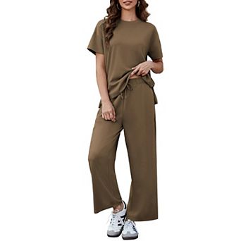PINSPARK Women's 2 pc Soft Breathable Lounge Set Short Sleeve Wide Leg Pants Vacation Outfit