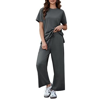 PINSPARK Women's 2 pc Soft Breathable Lounge Set Short Sleeve Wide Leg Pants Vacation Outfit