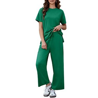 PINSPARK Women's 2 pc Soft Breathable Lounge Set Short Sleeve Wide Leg Pants Vacation Outfit
