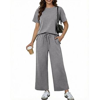 PINSPARK Women's 2 pc Soft Breathable Lounge Set Short Sleeve Wide Leg Pants Vacation Outfit