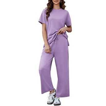 PINSPARK Women's 2 pc Soft Breathable Lounge Set Short Sleeve Wide Leg Pants Vacation Outfit