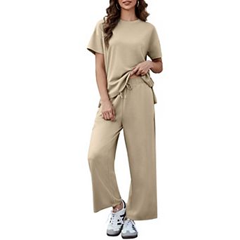 PINSPARK Women's 2 pc Soft Breathable Lounge Set Short Sleeve Wide Leg Pants Vacation Outfit