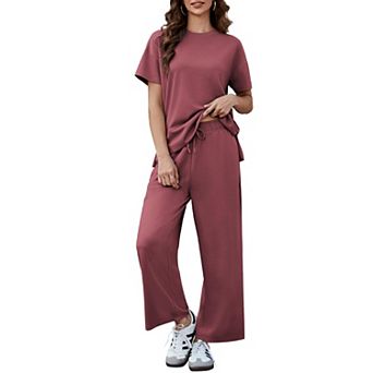 PINSPARK Women's 2 pc Soft Breathable Lounge Set Short Sleeve Wide Leg Pants Vacation Outfit