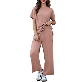 PINSPARK Women's 2 pc Soft Breathable Lounge Set Short Sleeve Wide Leg Pants Vacation Outfit