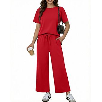 PINSPARK Women's 2 pc Soft Breathable Lounge Set Short Sleeve Wide Leg Pants Vacation Outfit