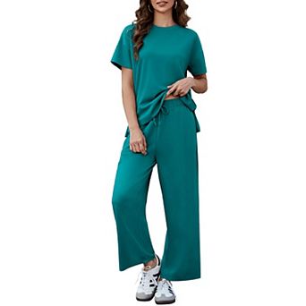 PINSPARK Women's 2 pc Soft Breathable Lounge Set Short Sleeve Wide Leg Pants Vacation Outfit