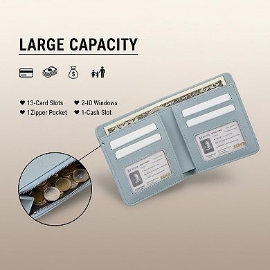 ZUQIETA Small Leather Trifold Wallet RFID Blocking Women Credit Card Holder Zipper Pocket