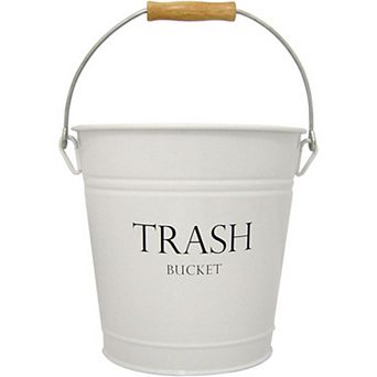 KSIZUIS White Metal Pail Trash Can with Vintage Black Lettering,10.75"Square, 10.5"Tall