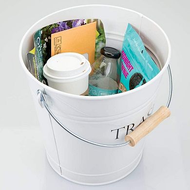 KSIZUIS White Metal Pail Trash Can with Vintage Black Lettering,10.75"Square, 10.5"Tall
