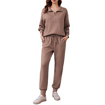 Pinspark Women's 2 pc Long Sleeve Half Zip Lounge Set Tracksuit Fall Travel Outfit