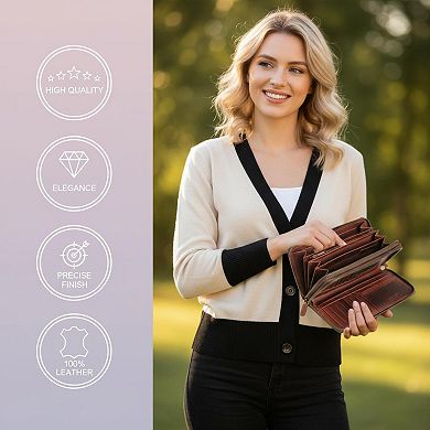 ZUQIETA Leather RFID Wallet Women Handcrafted Genuine Multiple Compartments Bifold