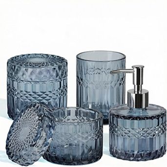 KSIZUIS Blue Diamond Glass 4 pc Bathroom Accessory Set with Soap Dispenser & Holders