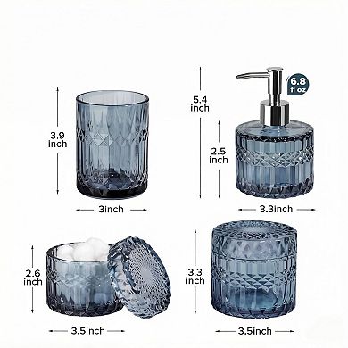 KSIZUIS Blue Diamond Glass 4-Piece Bathroom Accessory Set with Soap Dispenser & Holders