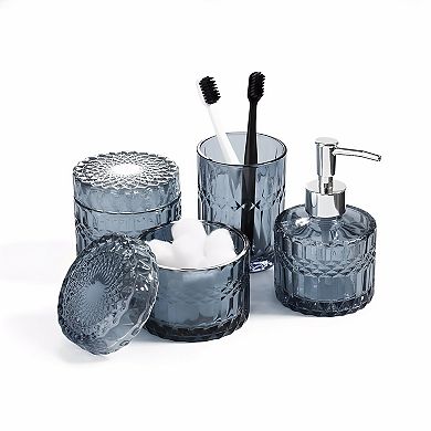 KSIZUIS Blue Diamond Glass 4-Piece Bathroom Accessory Set with Soap Dispenser & Holders