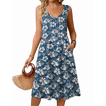 Zeagoo Women's Casual Midi Pleated Tank Sundress V Neck A Line Dress with Pockets Beach Wear