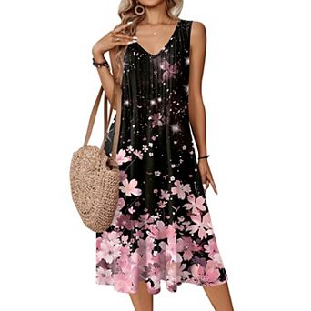Zeagoo Women's Casual Midi Pleated Tank Sundress V Neck A Line Dress with Pockets Beach Wear