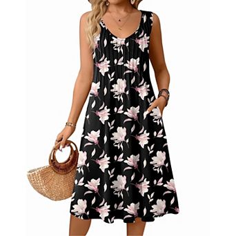 Zeagoo Women's Casual Midi Pleated Tank Sundress V Neck A Line Dress with Pockets Beach Wear