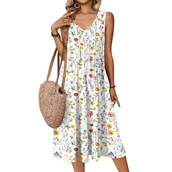 Zeagoo Women's Casual Midi Pleated Tank Sundress V Neck A Line Dress with Pockets Beach Wear