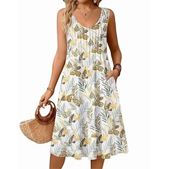 Zeagoo Women's Casual Midi Pleated Tank Sundress V Neck A Line Dress with Pockets Beach Wear