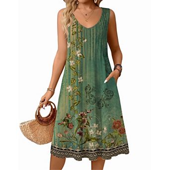 Zeagoo Women's Casual Midi Pleated Tank Sundress V Neck A Line Dress with Pockets Beach Wear
