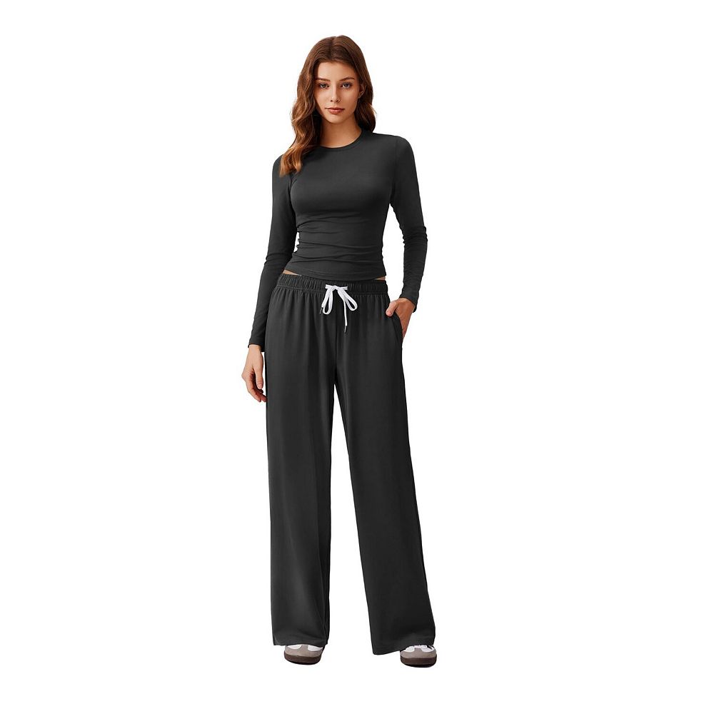 PINSPARK Women's Long Sleeve Crop Top & Wide Leg Pants Matching