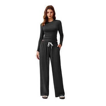 PINSPARK Women's Long Sleeve Crop Top & Wide Leg Pants Matching Lounge Yoga Set