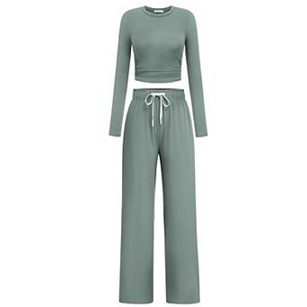PINSPARK Women's Long Sleeve Crop Top & Wide Leg Pants Matching Lounge Yoga Set