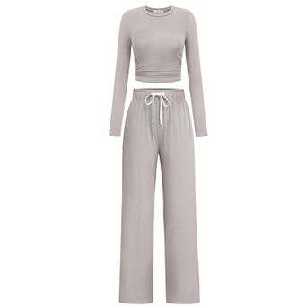 PINSPARK Women's Long Sleeve Crop Top Wide Leg Pants Matching Lounge Yoga Set