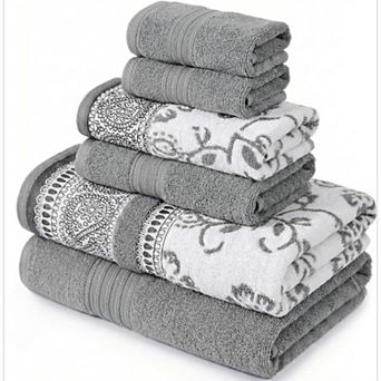 6 pc Set, 2 Bath Towels, 2 Hand Towels, 2 Washcloths Yarn Dyed Jacquard/Solid Towel Set