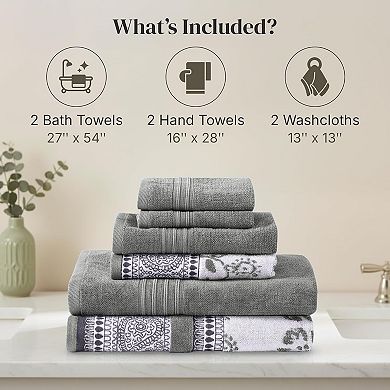 6 Piece Set, 2 Bath Towels, 2 Hand Towels, 2 Washcloths Yarn Dyed Jacquard/Solid Towel Set
