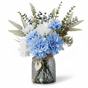 KSIZUIS Artificial Silk Dahlia Bouquet in Glass Vase Faux Table Centerpiece for Dining Coffee Decor