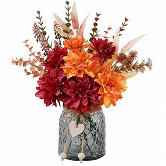 KSIZUIS Artificial Silk Dahlia Bouquet in Glass Vase Faux Table Centerpiece for Dining Coffee Decor