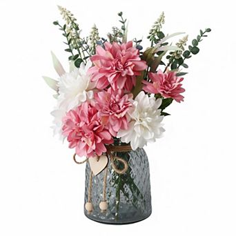 KSIZUIS Artificial Silk Dahlia Bouquet in Glass Vase Faux Table Centerpiece for Dining Coffee Decor