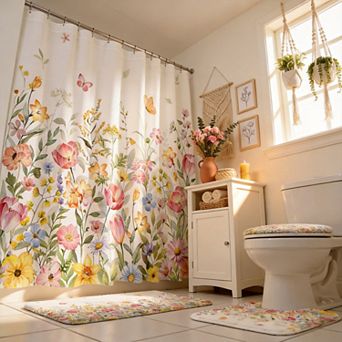 Boho Floral Shower Curtain Set Waterproof Washable with Bath Rugs Toilet Lid Cover