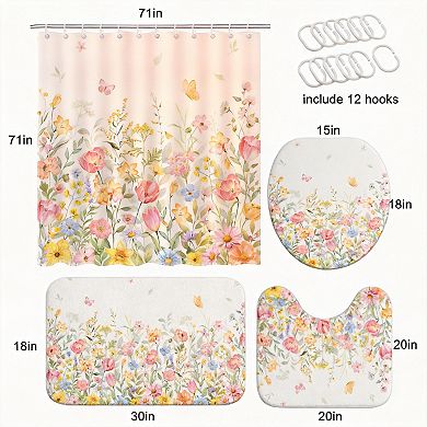 Boho Floral Shower Curtain Set Waterproof Washable with Bath Rugs Toilet Lid Cover