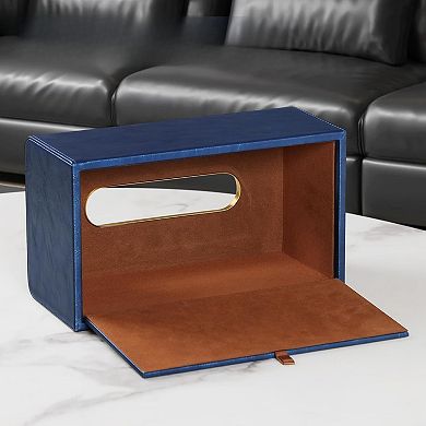 KSIZUIS Rectangle PU Leather Tissue Box Cover with Magnetic Closure - Dark Blue, Fits 3.9" Tall Boxe