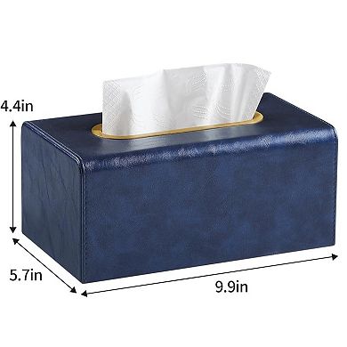 KSIZUIS Rectangle PU Leather Tissue Box Cover with Magnetic Closure - Dark Blue, Fits 3.9" Tall Boxe