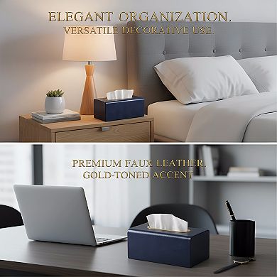 KSIZUIS Rectangle PU Leather Tissue Box Cover with Magnetic Closure - Dark Blue, Fits 3.9" Tall Boxe