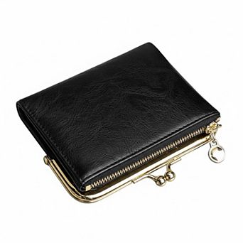 ZUQIETA Vintage Womens Bifold Wallet RFID Compact Leather Slim Zipper Kiss Lock Card Slots