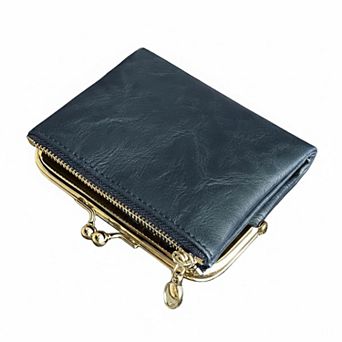 ZUQIETA Vintage Womens Bifold Wallet RFID Compact Leather Slim Zipper Kiss Lock Card Slots