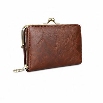 ZUQIETA Vintage Womens Bifold Wallet RFID Compact Leather Slim Zipper Kiss Lock Card Slots