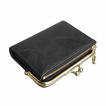 ZUQIETA Vintage Womens Bifold Wallet RFID Compact Leather Slim Zipper Kiss Lock Card Slots