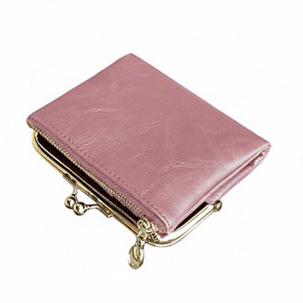 ZUQIETA Vintage Womens Bifold Wallet RFID Compact Leather Slim Zipper Kiss Lock Card Slots